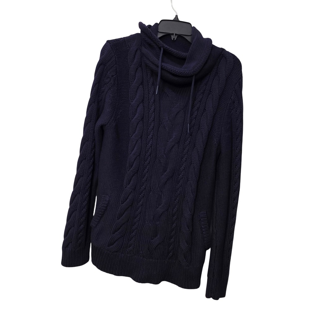LL Bean Womens Navy Blue Cable Knit Cowl Neck Drawstring Cotton Sweater Large - Picture 2 of 7